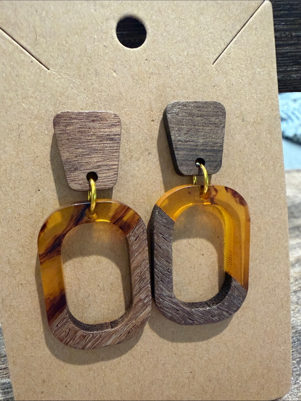 Amber Tortoise Wood Drop Earrings - Women Jewelry